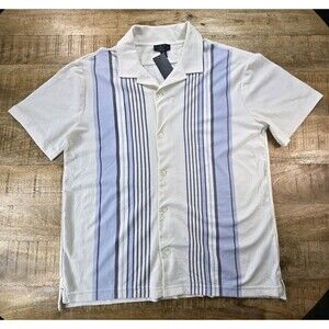 Magaschoni Men’s NWT Striped Button Up Shirt Off White Blue Cotton Size M